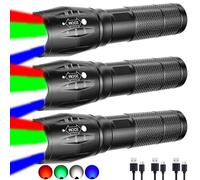 POCKETMAN Lot de 3 lampes de poche LED 4 couleurs en 1 - 4 modes - Zoomable - Rechargeable - Étanche - Avec lumière rouge, vert, blanc, bleu - Pour camping, extérieur, photographie, lumière de
