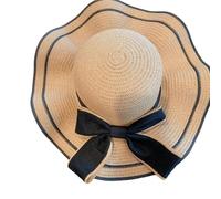 Pocoiau Chapeau de paille fait à la main élégant avec nœud en ruban décoré de soleil pour femme - Chapeau de plage simple tricoté kaki, kaki, Taille unique