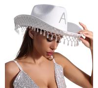 Pocoiau Chapeau western pour femme avec bords enroulés à franges et strass pour enterrement de vie de jeune fille Accessoire de festival Chapeau western