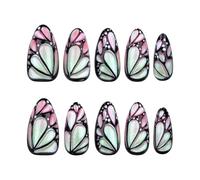 Pocoiau Lot de 24 faux ongles, amande scintillante à coller sur les ongles avec accents papillon 3D pour femmes