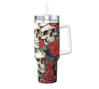POCUK Cool Skull Head and Roses Ice Bully avec poignée réutilisable pour boissons froides et chaudes 1,2 l