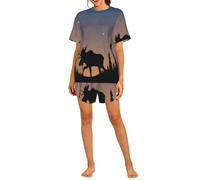 POCUK Deer Mountain Pine Tree Wilderness Ensemble de pyjama pour femme Tenue quotidienne décontractée à la maison, Noir , L