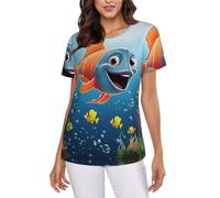 POCUK Fish Under The Sea T-shirt d'été à manches courtes pour femme Coupe classique Col rond, Noir , L