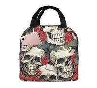 POCUK Sac à déjeuner isotherme portable avec tête de mort et roses - Sac de pique-nique réutilisable