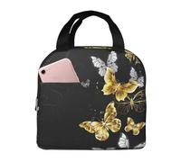 POCUK Sac à déjeuner isotherme portable et réutilisable Motif papillons blancs dorés et noirs