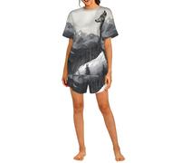 POCUK Snow Mountain Lone Wolf Ensemble de pyjama pour femme Tenue décontractée, Noir , XXL