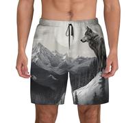 POCUK Snow Mountain Lone Wolf Short de bain décontracté pour homme Séchage rapide, Noir , L taille courte