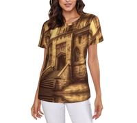 POCUK T-shirt à manches courtes vintage château médiéval pour femme, coupe classique, haut d'été à col rond, Noir , L
