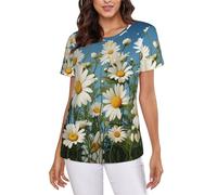 POCUK T-shirt d'été à manches courtes pour femme, motif camomille, coupe classique, col rond, Noir , M