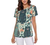 POCUK T-shirts à manches courtes pour femme, motif chats et oiseaux amusants, coupe classique, col rond, Noir , XL