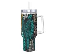 POCUK Tasse isotherme réutilisable avec poignée pour boissons froides et chaudes - Motif forêt tropicale de la jungle - Palmier tribal - 1 200 ml