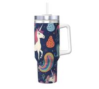 POCUK Tasse isotherme réutilisable avec poignée pour boissons froides et chaudes - Motif licorne et arc-en-ciel - 1 180 ml