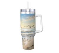 POCUK The Beach with Sea Birds Gobelet isotherme réutilisable avec poignée pour boissons froides et chaudes 1,2 l
