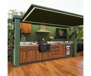 Pod de cuisine extérieur modulaire préfabriqué avec porte à charnière | Station de barbecue pré-assemblée avec gril, évier, réfrigérateur et armoire de rangement - Unité de cuisson extérieure pour