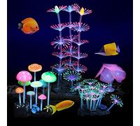 Podazz Lot de 4 Décorations Fluorescentes pour Aquarium, Corail Artificiel et Anémone en Silicone avec Ventouse, Ornements Aquarium pour Eau Douce, Eau de Mer, Nano Bac et Décor Récif