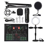 Podcast Kit Complet, Carte son karaoké sans fil avec microphone à condensateur professionnel avec lumière de remplissage de support en porte-à-faux(Black suit)