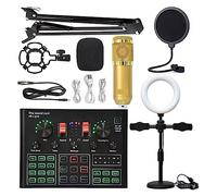 Podcast Kit Complet, Carte son karaoké sans fil avec microphone à condensateur professionnel avec lumière de remplissage de support en porte-à-faux(Gold Gold suit)
