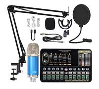 Podcast Kit Complet, Kit de carte son de paquet de microphone de condensateur avec le bras réglable de ciseaux de suspension de micro Studio professionnel micro de karaoké sans fil(Blue BM900 Suit)