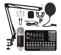 Podcast Kit Complet, Kit de carte son de paquet de microphone de condensateur avec le bras réglable de ciseaux de suspension de micro Studio professionnel micro de karaoké sans fil(Black Silver BM900)