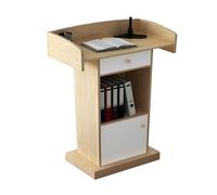Podium de conférence en bois avec tiroirs, idéal pour les auditoriums et les grandes salles d'exposition, taille standard, finition noyer clair, support de présentation professionnel