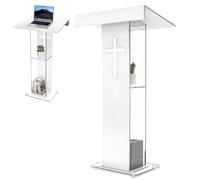 Podium en acrylique blanc avec étagère de rangement et crucifix, plateforme de lecture large épaisse, support de podium de stabilité pour église, conférence, mariage, salle de classe (60 x 40 x 115
