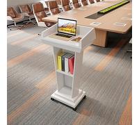 Podium en bois avec roulettes, lutrin de sol moderne pour discours, chaire robuste avec 2 compartiments de rangement, montage facile, large surface de lecture (blanc)