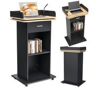 Podium en bois, podium en bois avec tiroir extensible et roues, pupitre de chaire en bois massif premium haut avec compartiment de rangement à double couche, pupitre pour église, conférence, école