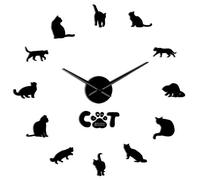 PODODO Horloge murale à motif de chat américain à poils courts à faire soi-même - Effet miroir - Chiffres avec grande aiguille - Décoration murale (noir, 94 cm)