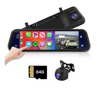 Podofo 9.66" Mirror Dash Cam, Caméra arrière avec Miroir 1080P avec Carplay sans Fil Android Auto Bluetooth avec Commande Vocale/Guide de Stationnement+Carte TF 64G