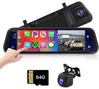 Podofo 9.66"" Mirror Dash Cam, Rear Camera with Mirror 1080P with Wireless Carplay Android Auto Bluetooth with Voice Control/Parking Guide+64G TF Card