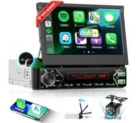 Podofo Autoradio Dab+ 1 DIN Bluetooth avec CarPlay et Android Auto sans Fil, avec écran Pop-up motorisé, écran Tactile 7 Pouces, Mirror Link FM, USB Type-C, Microphone AUX, caméra de recul