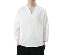 PODOLIXIA Chemise à col montant à manches longues pour homme - Kimono japonais - Imprimé - Robe taoïste - Coupe ample - Vêtement de méditation décontracté, Blanc., XXL