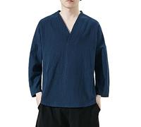 PODOLIXIA Chemise à col montant à manches longues pour homme - Kimono japonais - Imprimé - Robe taoïste - Coupe ample - Vêtement de méditation décontracté, Marine, L