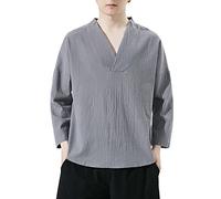 PODOLIXIA Chemise à col montant à manches longues pour homme - Kimono japonais - Imprimé - Robe taoïste - Coupe ample - Vêtement de méditation décontracté, gris, XXL