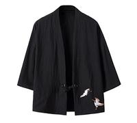PODOLIXIA Chemise à col montant pour homme - Manches 3/4 - Kimono japonais - Imprimé - Robe taoïste - Coupe ample - Vêtement de méditation décontracté, Noir , XXXL