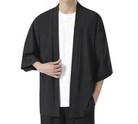PODOLIXIA Chemise à col montant pour homme - Manches trois quarts - Kimono japonais - Couleur unie - Robe taoïste - Coupe ample - Vêtement de méditation - Loisirs - Vêtement d'intérieur, Noir , XL