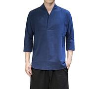 PODOLIXIA Chemise décontractée à col montant pour homme - Manches trois quarts - Kimono japonais - Imprimé - Robe taoïste - Coupe ample - Vêtement de méditation décontracté, Marine, XL