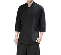 PODOLIXIA Chemise décontractée à col montant pour homme - Manches trois quarts - Kimono japonais - Imprimé - Robe taoïste - Coupe ample - Vêtement de méditation décontracté, Noir , XL