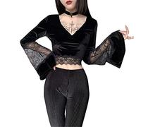 PODOLIXIA Crop Tops Femme Manches Longues Steampunk Rétro Sexy Col en V Manches Cloche Dentelle Hauts Gothique Vêtements Femmes T-shirt à Manches Longues Costume Halloween, Noir , M