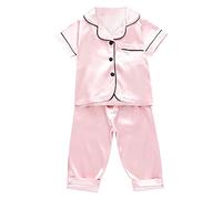 PODOLIXIA Ensemble pyjama en satin pour enfant - Manches courtes - Boutonné - Haut - T-shirt et pantalon long - Vêtements de nuit - Tenue d'intérieur, Rose, 3-4 Jahre