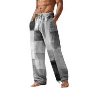 PODOLIXIA Pantalon de plage pour homme - Long - Pantalon de loisirs - Été Hawaï - Vacances à la plage - Patchwork - Impression couleur - Pantalon d'été pour homme - Loisirs baggy - Jambe large, gris,
