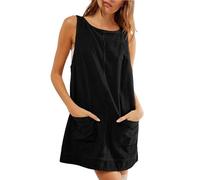 PODOLIXIA Robe salopette pour femme - En velours côtelé - Col bateau - Mini robe sans manches - Dos nu - Décontractée - Rétro - Robe tunique avec poches, Noir , XL