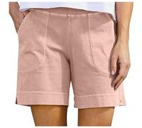 PODOLIXIA Short court en lin pour femme - Bermuda d'été avec élastique et poches - Couleur unie - Pour l'été - Loisirs - Jambes droites, Rose, XXXL