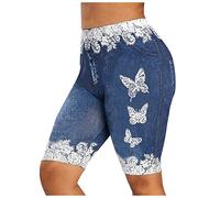 PODOLIXIA Short en jean pour femme - Bermuda - Style décontracté - Avec poche et broderie en dentelle papillon