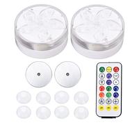 PODSJD Lampe LED Piscine IP68, 11 LED 10 Couleurs RGB, Ø 8,1 cm Underwater Light - Télécommande 21 Modes, Variation de Luminosité & Minuteur, Fonction Automatique, Batterie AA, Ambiance