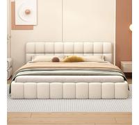 Poeahu Bubble Lit Double rembourré, 140 x 200 cm, avec sommier à Lattes, pour Adolescent, avec tête de lit rembourrée, Cadre de lit Plat, Lin, sans Matelas (Beige, 140 x 200 cm)