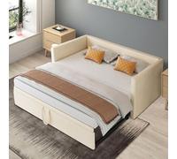 Poeahu Canapé Lit 2 Place 90/180x200 cm, Canapé Convertible, Extensible 2 en 1 Multifonction Lit Gigogne, Lits Simple avec Sommier à Lattes, Beige(sans Matelas)