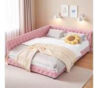 Poeahu Canapé-lit rembourré, 140 x 200 cm, avec LED et USB, avec dossier, lit d'appoint, lit d'appoint, pour enfant, avec sommier à lattes, en tissu velours, sans matelas (rose, 140 x 200 cm)