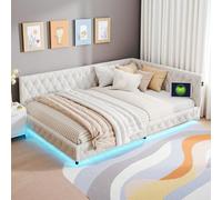 Poeahu Canapé-lit rembourré, 140 x 200 cm, avec LED et USB, avec dossier, lit d'appoint, lit d'appoint, pour enfant, avec sommier à lattes, en tissu velours, sans matelas (beige, 140 x 200 cm)