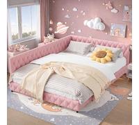 Poeahu Canapé-lit rembourré 140 x 200 cm, avec port LED et USB, cadre de lit avec sommier à lattes et dossier, lit de jour, lit d'enfant, en velours peluche, rose